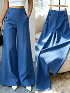 Women's Elegant Korean-Style High-Waist Wide-Leg Trousers - Straight-Leg Pants with Button Pocket Design, Solid Color Suitable for Commuting, Office, Casual Wear, All-Season Machine Washable Wide Pants (No Transparency) - Blue