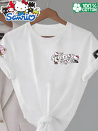 Women'S Round Neck 100% Short Sleeve T-Shirt, Hello Kitty Classic Red Bow Heart Pattern Cartoon Print Design, Casual Comfortable Everyday Versatile Short Sleeve Tee, Women'S Fashion Trendy Spring Summer Fall Casual Short Sleeve Top, Home Party Wear - White