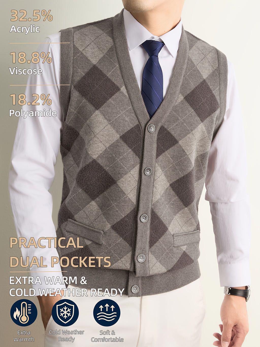 New Autumn/Winter Men's Knitted Vest with V-Neck, Tie Pockets, and Rhombus Pattern Design. Warm, Cold-Resistant, Soft, and Comfortable Sweater Vest. Simple, Elegant, and Versatile, Suitable for Daily, Business, Casual, and Camping Wear. The First - Camel