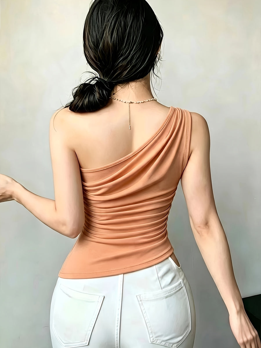 YY260317030 Women'S Asymmetrical Hem Pleated Waist Casual Top - Sepia