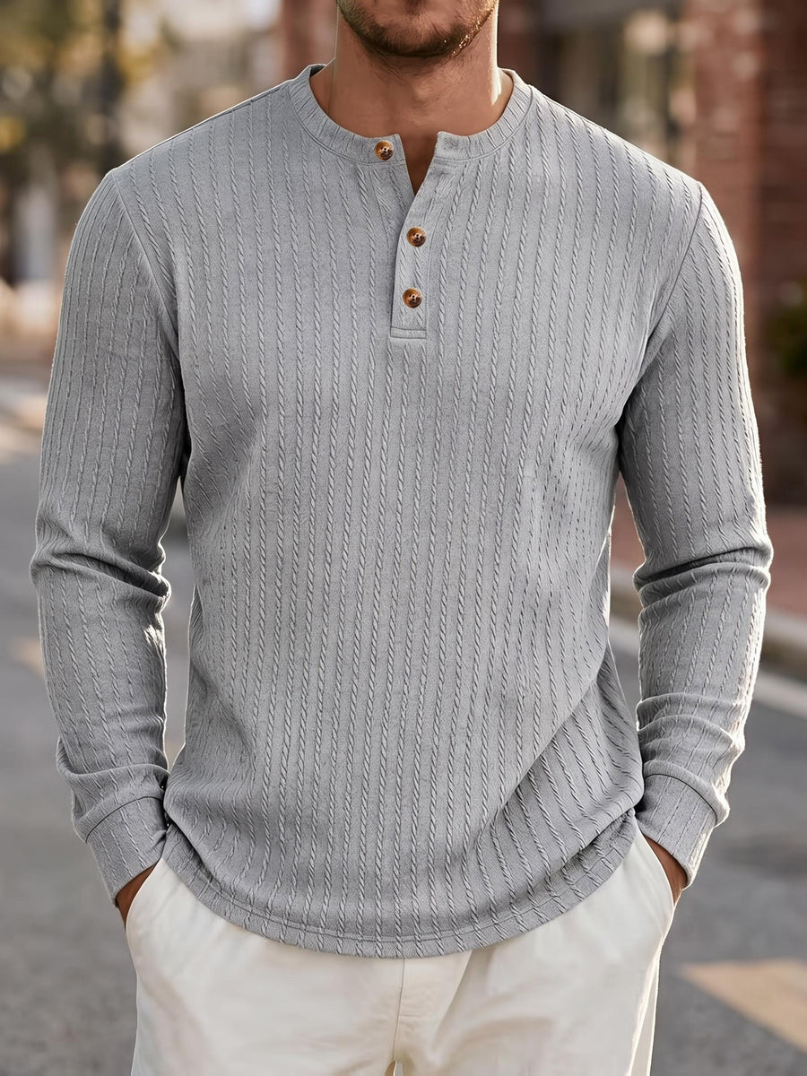 1pc Men'S Jacquard Long Sleeve Henley Shirt Solid Striped Textured Fabric with Stretch Street Style Casual Top for Autumn Winter Fashion White Matchable Pullover Base Layer - Grey