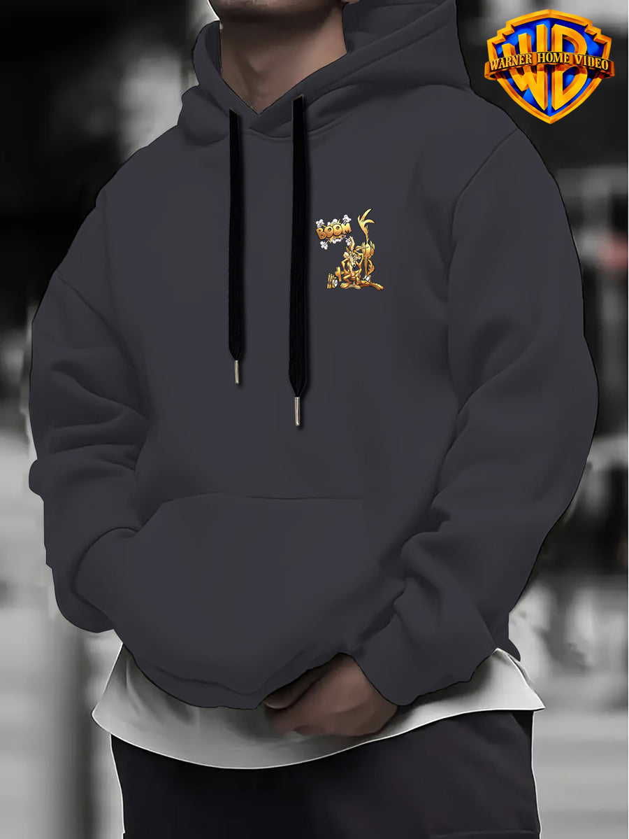 Warner Bros Official 1pc, Vintage Monochrome Gilded Original Art BOOM Exploding Crooked Heart Wolf Cartoon Streetwear Hoodie - Men's Fashion Hoodie, Double-Sided Front and Back Print, Adjustable Drawstring Loose and Comfortable Sweatshirt - Dark Gray