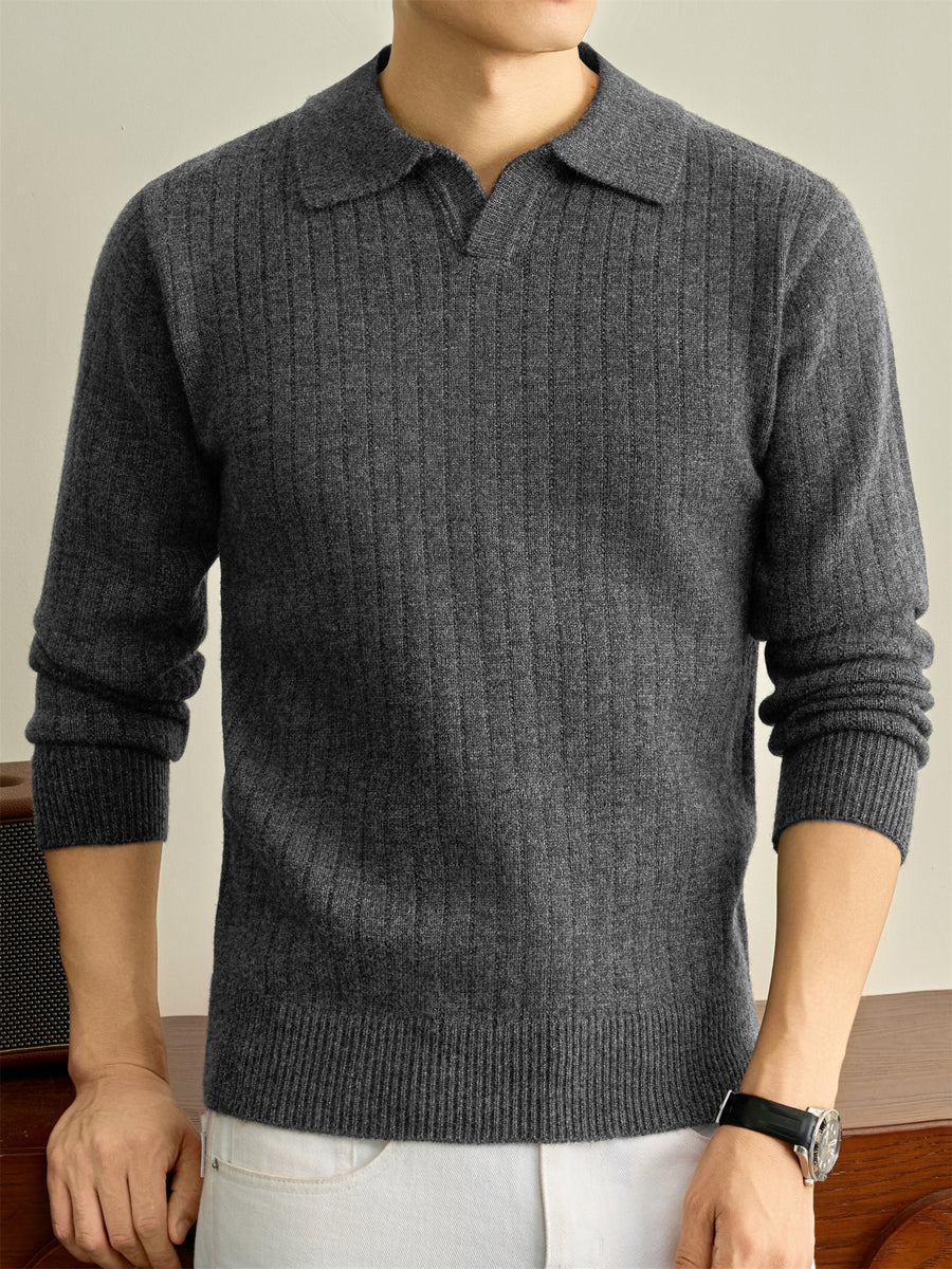 Autumn Winter Knit 3D Solid Color Lapel Polo Sweater, Basic Knit Pullover Top for Men, Fashionable Long Sleeve Sweater, Size S - Medium Gray
