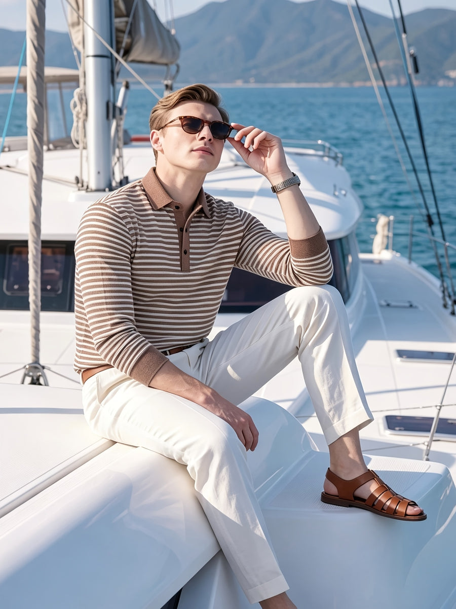 Men's Autumn/Winter Long-Sleeve Polo Shirt, Warm, Classic Striped, Simple and Elegant, Breathable, for Outdoor Wear, Skin-Friendly, with Lapel, Versatile, Ideal for Commuting and Business - Light Brown-1