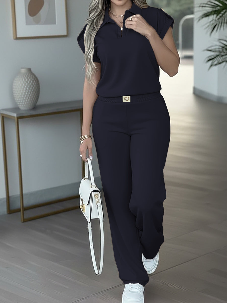 Autumn Women's Outfit: Solid Color Simple Lapel Short-sleeve T-shirt and Elastic Waist Heart Patch Loose Comfortable Women's Trousers 2pcs Set. New Women's 2pcs Outfit - Navy Color