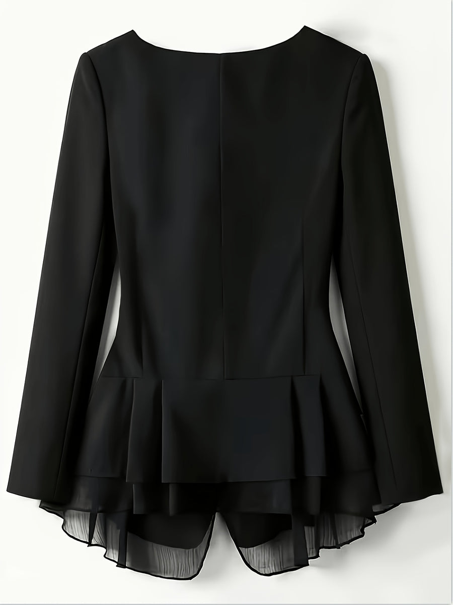 Women's Blazer, Ladies' Top, Long Sleeve, Suitable for Commuting and Office Wear, Patchwork Yarn Design, 2026 New Solid Color Jacket, Spring, Summer, Autumn Wear, Essential Wardrobe Item for All Seasons, Teacher Uniform, Mom Uniform - Black