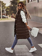 Women'S Stand-Up Collar Hooded Mid-Length Warm Quilted Vest Jacket, Double-Ended Zipper Design, Outer Placket Button Structure, Sleeveless Slim Fit, Lightweight And Comfortable, with Practical Pockets - Khaki