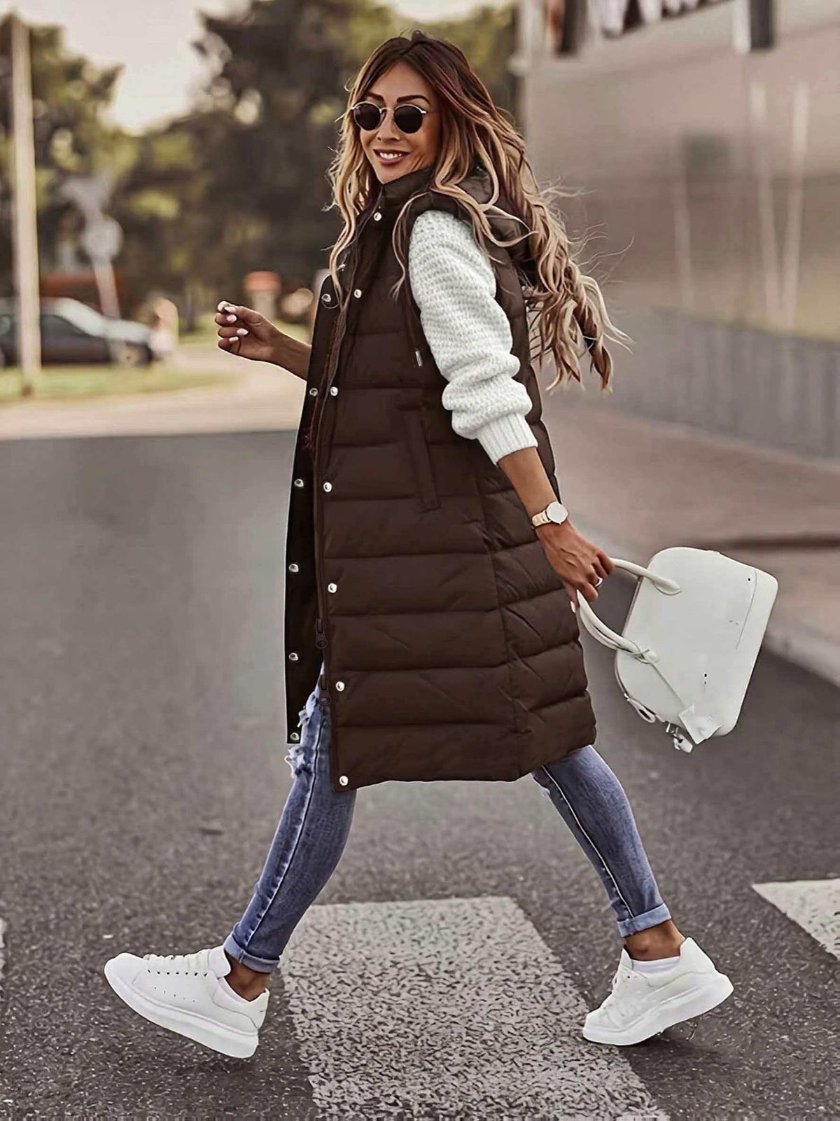 Women'S Stand-Up Collar Hooded Mid-Length Warm Quilted Vest Jacket, Double-Ended Zipper Design, Outer Placket Button Structure, Sleeveless Slim Fit, Lightweight And Comfortable, with Practical Pockets - Khaki