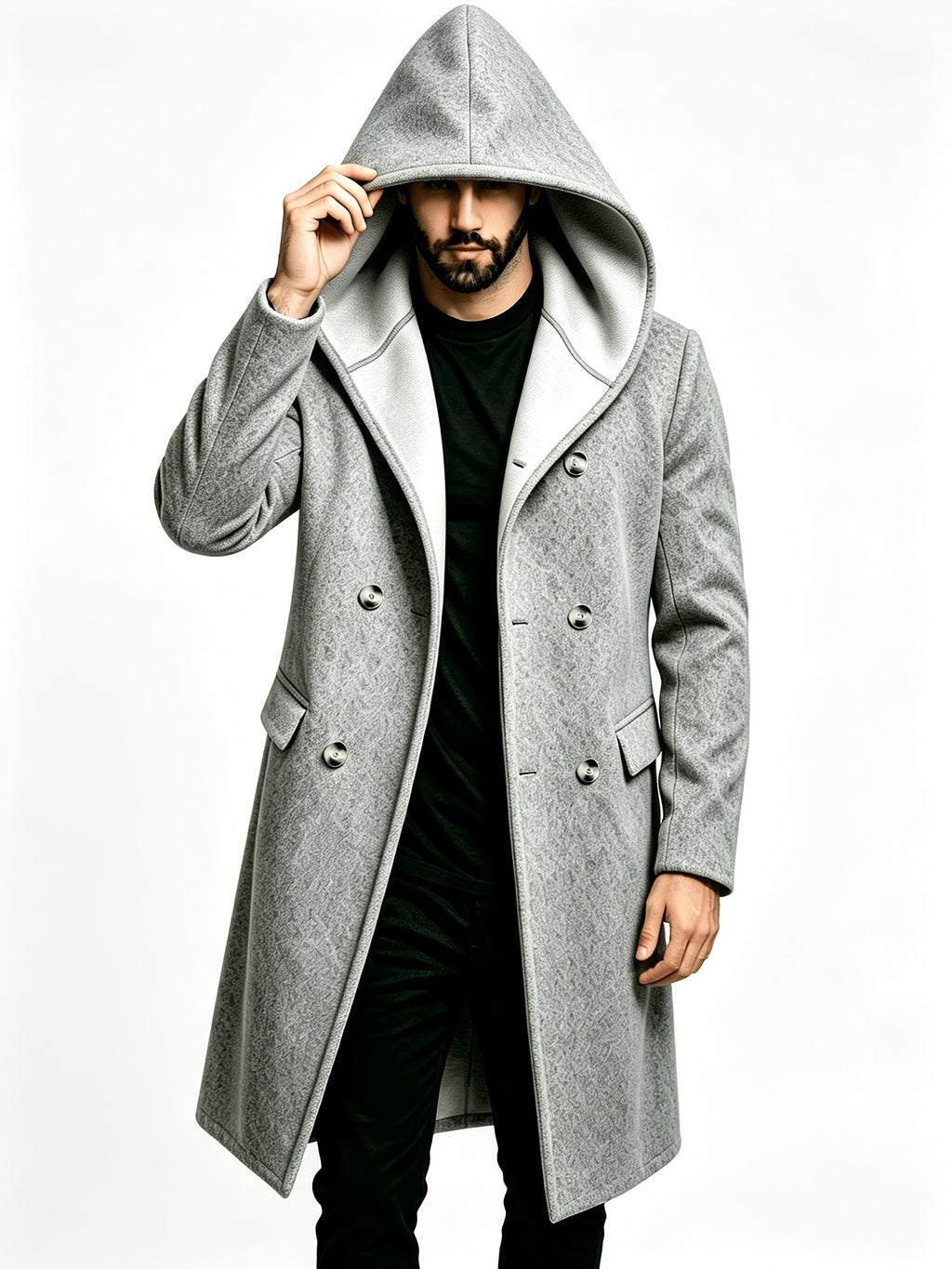 Men's Hooded Double-Breasted Blended Tweed Overcoat, Casual Mid-Length Pointed Hood Jacket, Solid Color Winter Outerwear - Grey