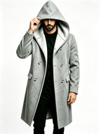 Men's Hooded Double-Breasted Blended Tweed Overcoat, Casual Mid-Length Pointed Hood Jacket, Solid Color Winter Outerwear - Grey