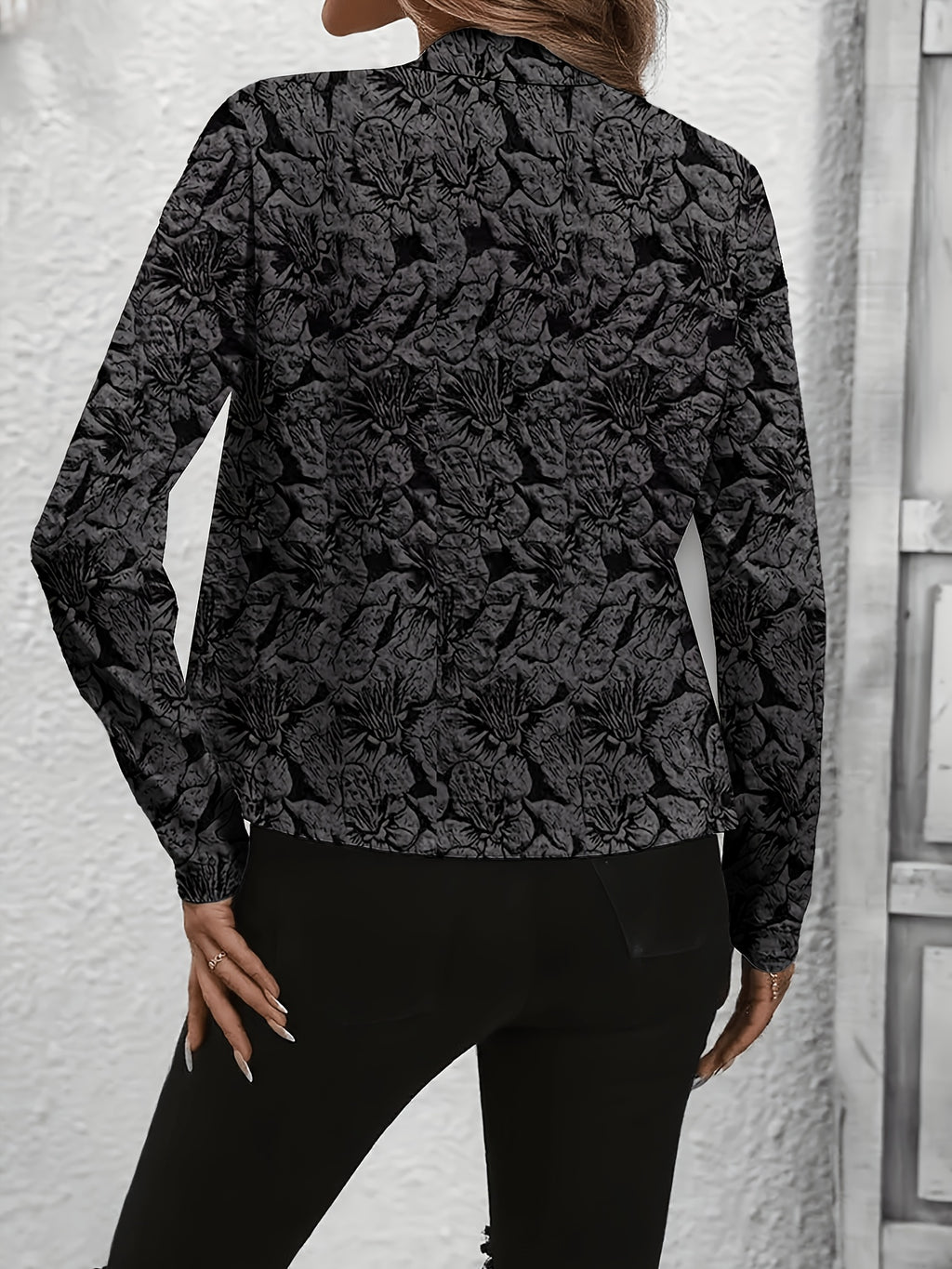 Vintage Print Casual Long-Sleeve Open-Front Blazer - Black