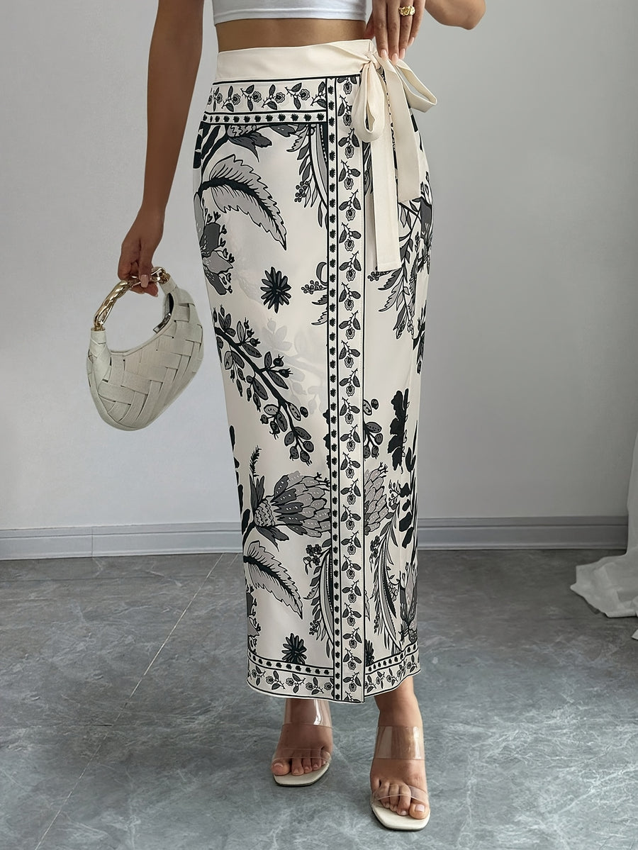 Women's Elegant Floral Print Wrap Tie Straight Skirt, Vacation Style - Apricot