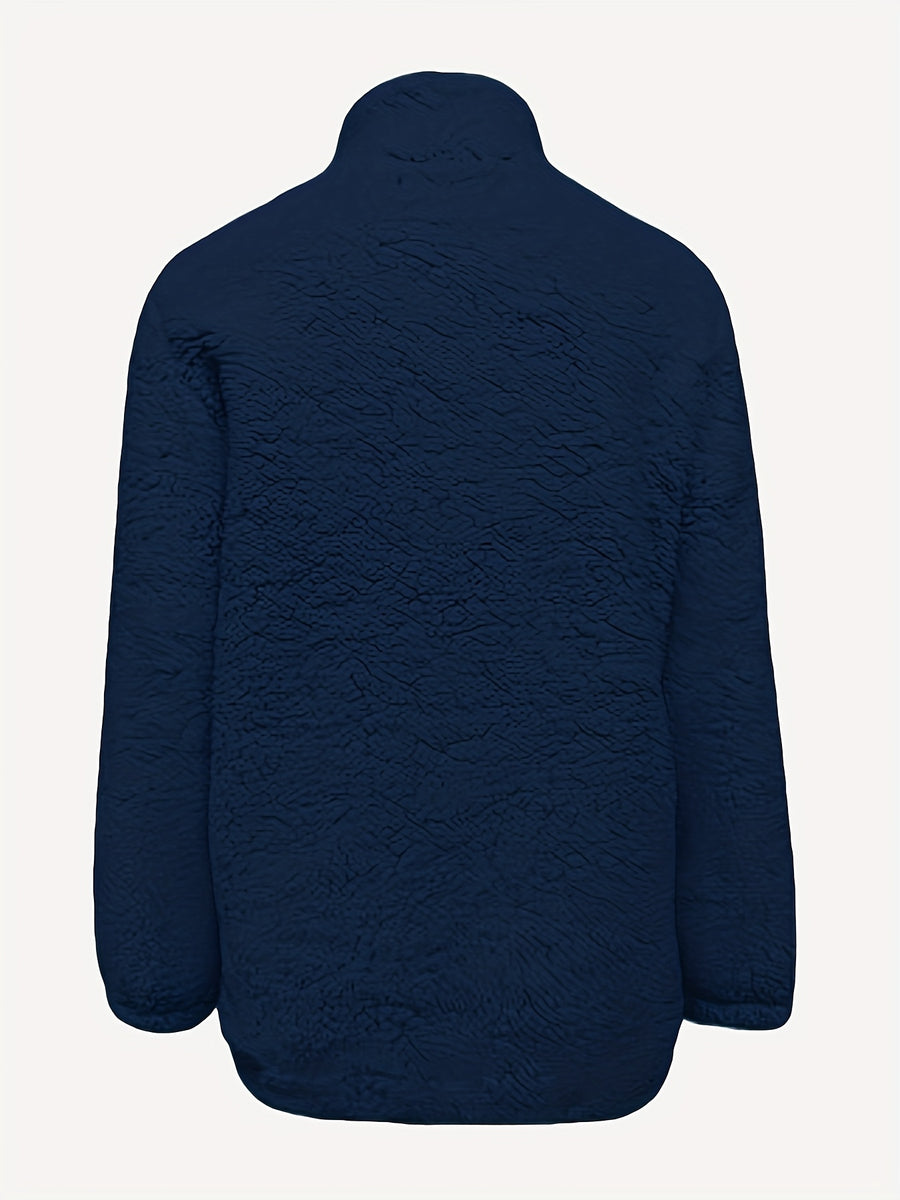 Women'S Faux Small Stand Collar Thick Jacket Coat - Navy Color
