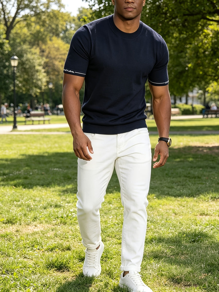 Men'S Easy Business Casual Round Neck Knit Short Sleeve T-Shirt, Skin-Friendly Fresh Regular Fit Durable, Summer Commute Office Client Meeting Family Gathering Short Distance Travel Shopping Date Daily Top - Dark Blue