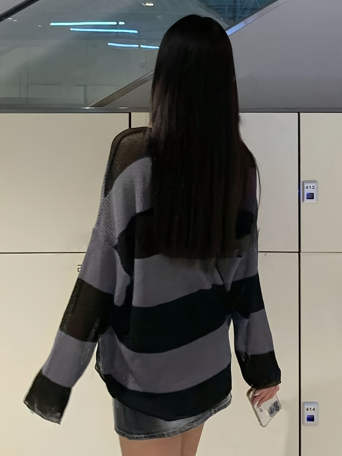 Casual spring, summer, and autumn Women's pullover, thin, medium length, striped shoulder long sleeved Fleece sweater, loose fitting soft and comfortable vacation outdoor Women's top - Deep Grey