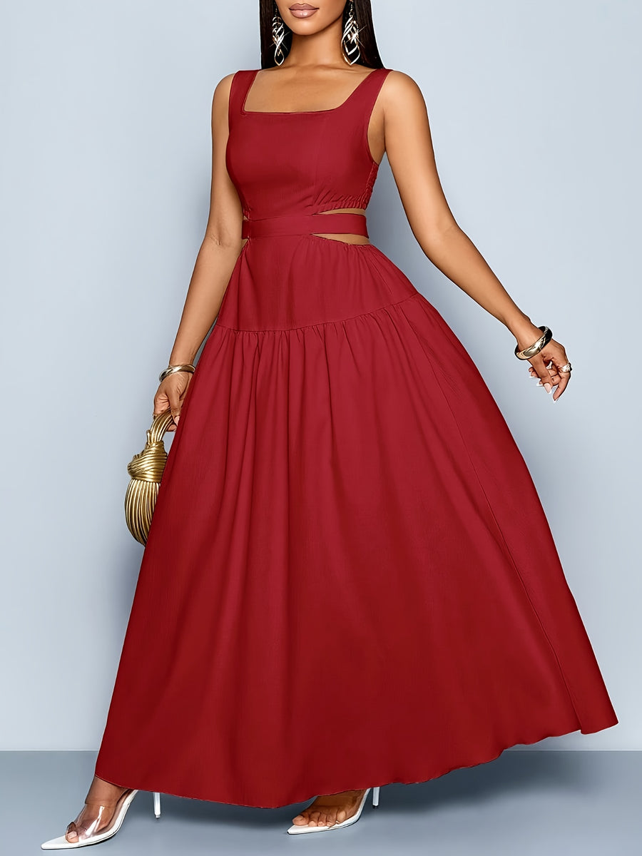 Women'S Elegant Square Neckline, Openwork Waist, Tie And Suspender Dress; Hawaiian Pleated Backless A-Line Skirt; Women'S Spring/Summer Dress; Elegant for Commuting, Casual Wear, Romantic Dates, Bridesmaid Dress - Burgundy