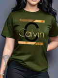 Calvin, Spring and Summer Graphic Print T-shirt, Short Sleeve Crew Neck Casual Top for Summer & Spring, Women's Clothing - fern green