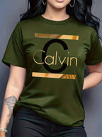 Calvin, Spring and Summer Graphic Print T-shirt, Short Sleeve Crew Neck Casual Top for Summer & Spring, Women's Clothing - fern green