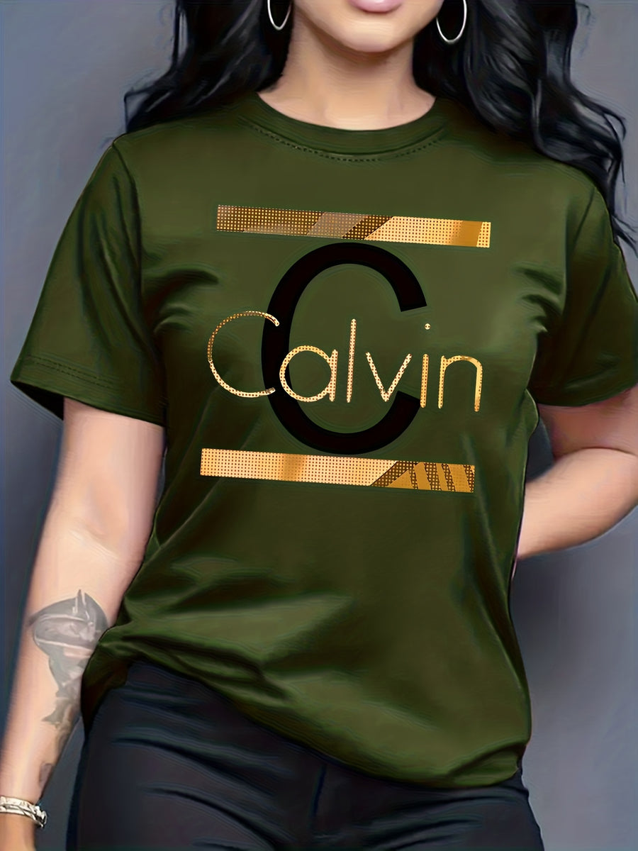 Calvin, Spring and Summer Graphic Print T-shirt, Short Sleeve Crew Neck Casual Top for Summer & Spring, Women's Clothing - fern green