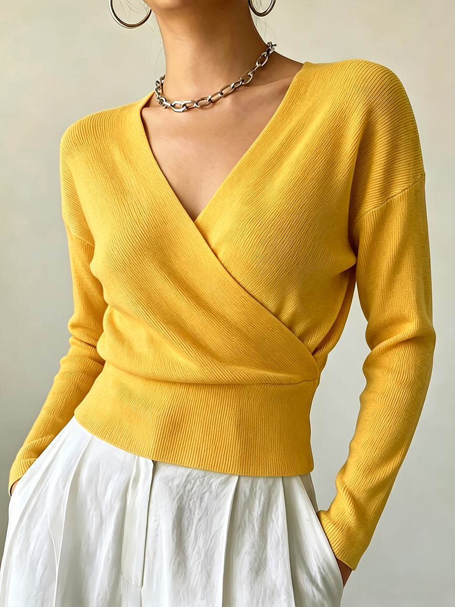 Women'S New Arrivals INS Autumn/Winter Cross-Collar Pullover, Elegant Versatile Loose Fit Machine Washable Long-Sleeve Knitwear - Mango Yellow