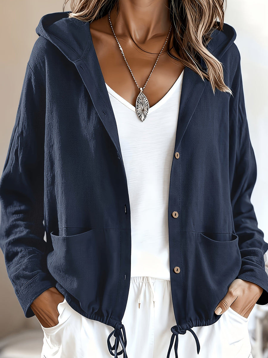 New Fashionable Solid Color Simple and Elegant Women's Hooded Jacket with Pockets - Navy Color