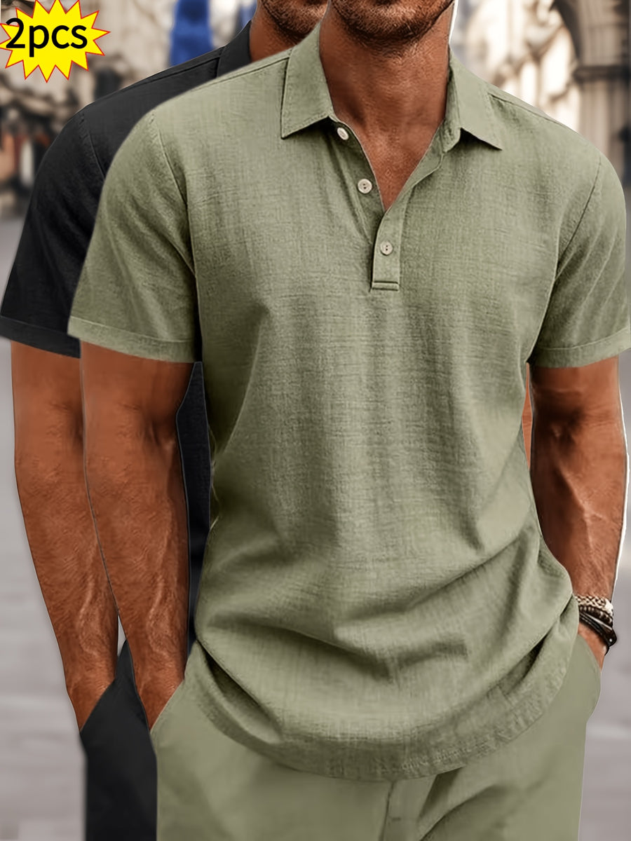 2pcs Summer Cooling Linen Polo Shirt Set, Men'S Breathable Solid Casual Shirts - Army Green+Black