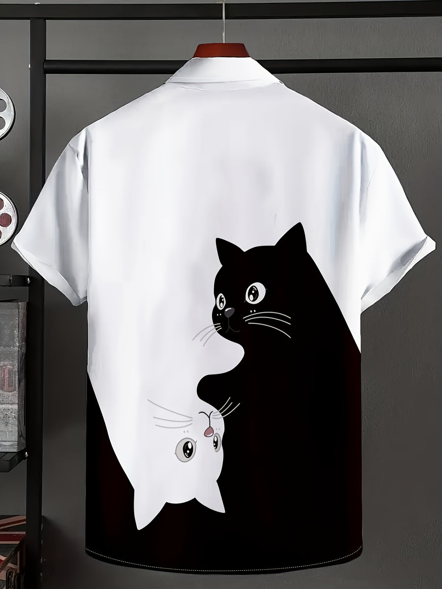 Men'S Black And White Cat Print Casual Short-Sleeve Button-Up Shirt, Suitable for Casual Wear And Vacations, Holiday Attire, Featuring a Classic Collar Design - White