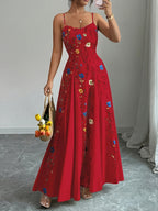 Spring And Summer New Elegant Resort European And American Fashion Trend Casual Women'S Clothing Floral Print Sleeveless Square Neck Suspender Dress - Red