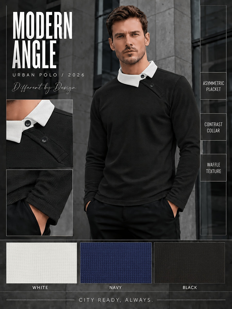 Pearson OBM Christmas Holiday Event, 1pc Adult Men's Multi-Color Fine Waffle Knit Long-Sleeve Lapel Top with Contrast Collar, Dual Black Buttons, and Asymmetrical Slanted Placket Design, Vintage Street-Style Light Luxury Look, Comfortable Fit - Black