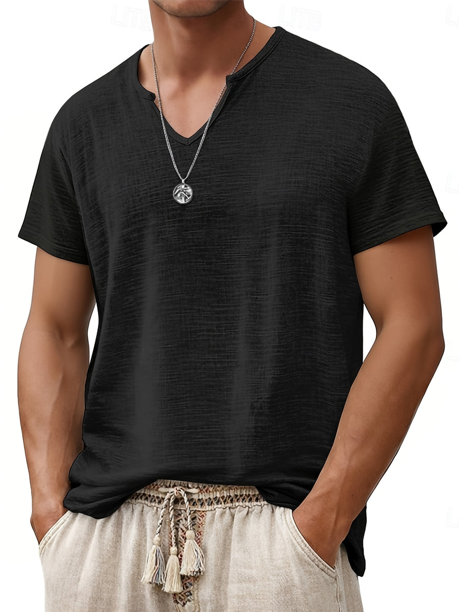 Men's Short Sleeve V-Neck T-Shirt - Breathable Summer Casual Solid Color Round Suitable for Hot Weather, Machine Washable V-Neck Top with Short Sleeves, Non- Fabric for Casual Attire, Office & Layering (No Transparency)，Fashion Trends Wear - Black