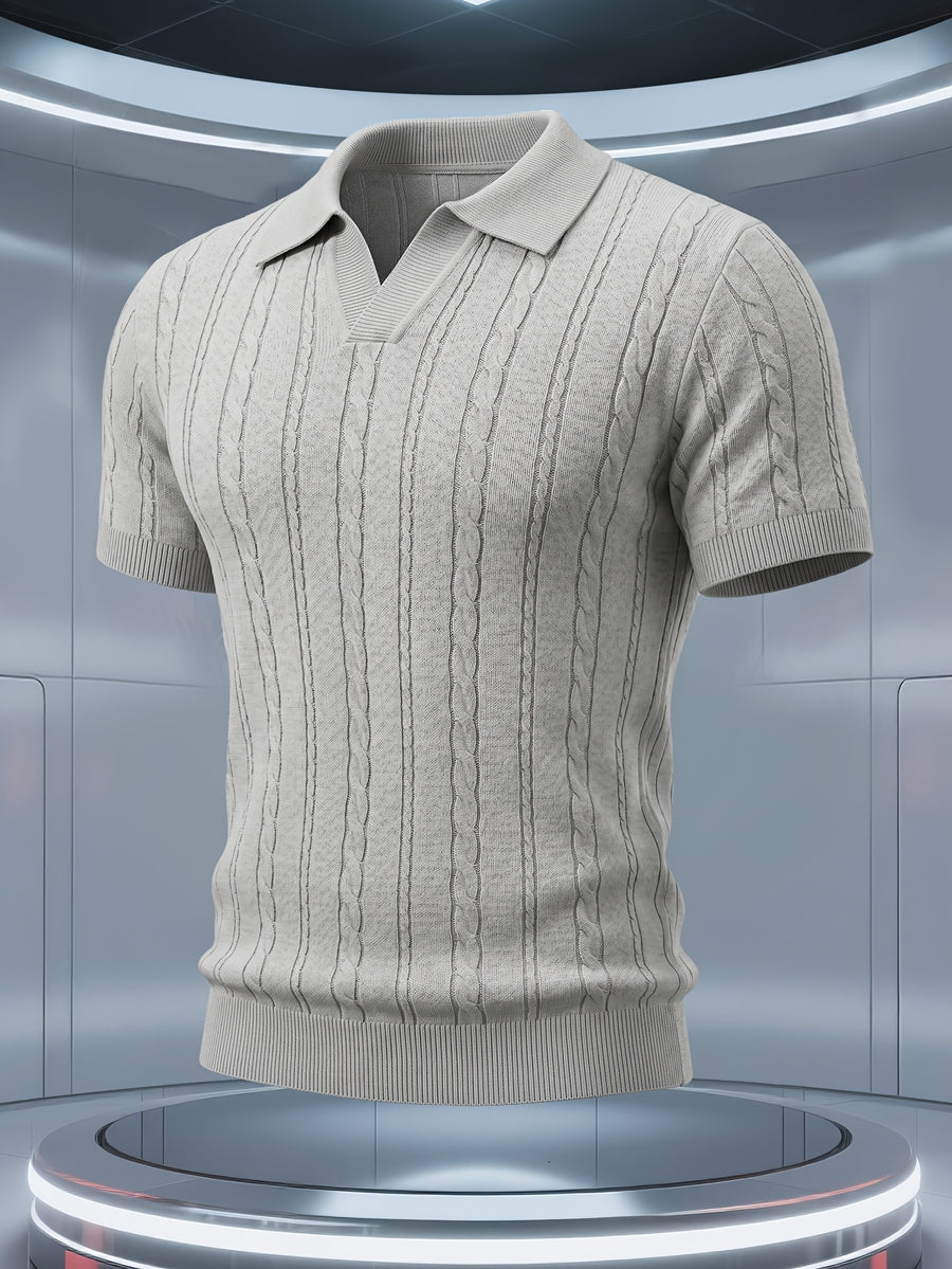 Men'S Knit Sweater Short Sleeve Polo Shirt, Light Luxury Business High Quality Cable Knit Vertical Stripes Heavy Craft Slimming Texture Fashion Easy Handsome Exquisite Workmanship Dating Party Outdoor High-End Places All Suitable Golf Polo Shirt Kni - Light Grey