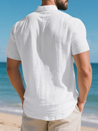 Men'S Pure Henley Shirt Spring And Summer Casual Breathable Sweat-Absorbent Linen Texture Short-Sleeved Half Placket Pocket Easy Solid Color Small Stand-Up Collar POLO Shirt, Sweat-Resistant - White