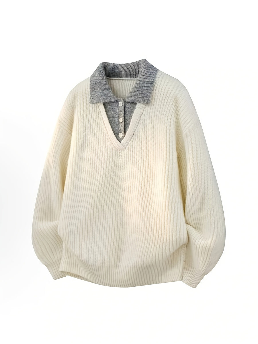 Simple Casual Color-Block Patchwork Lapel Pullover Long-Sleeve Sweater, Fashionable 2-in-1 Look Knitwear - Milky