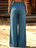 New Women's Casual Denim Pants, Versatile and Stylish for Commuting, Featuring an Elegant Drawstring Elastic Waist and Pockets - Sky Blue