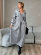 Plus Size Fashion Women's Dress, Cinched Waist Long Sleeve Hooded Collar Casual Sporty Sweatshirt Dress, Outdoor Streetwear Versatile Relaxed Hooded Dress, Simple Daily Solid Color Dress, Fashionable Women's Clothing - Grey