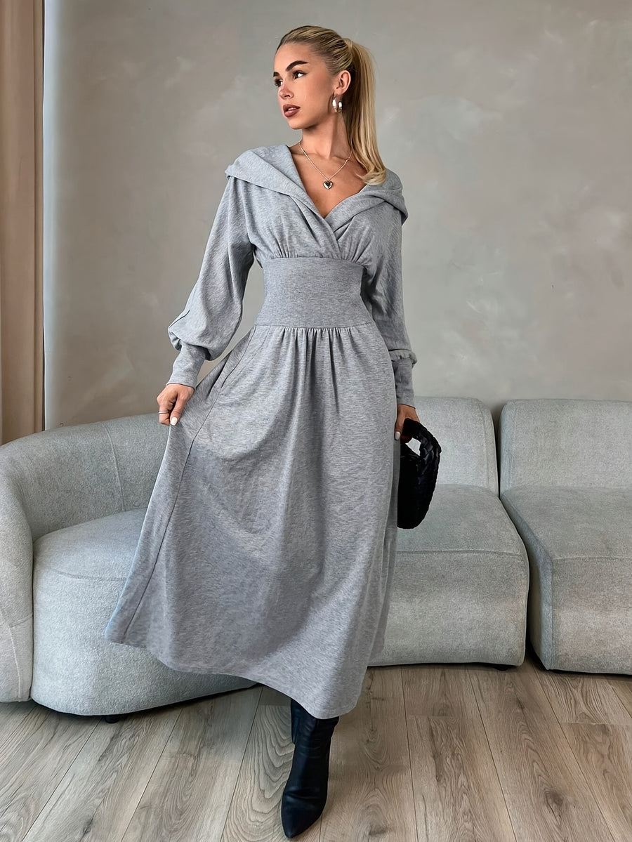 Plus Size Fashion Women's Dress, Cinched Waist Long Sleeve Hooded Collar Casual Sporty Sweatshirt Dress, Outdoor Streetwear Versatile Relaxed Hooded Dress, Simple Daily Solid Color Dress, Fashionable Women's Clothing - Grey