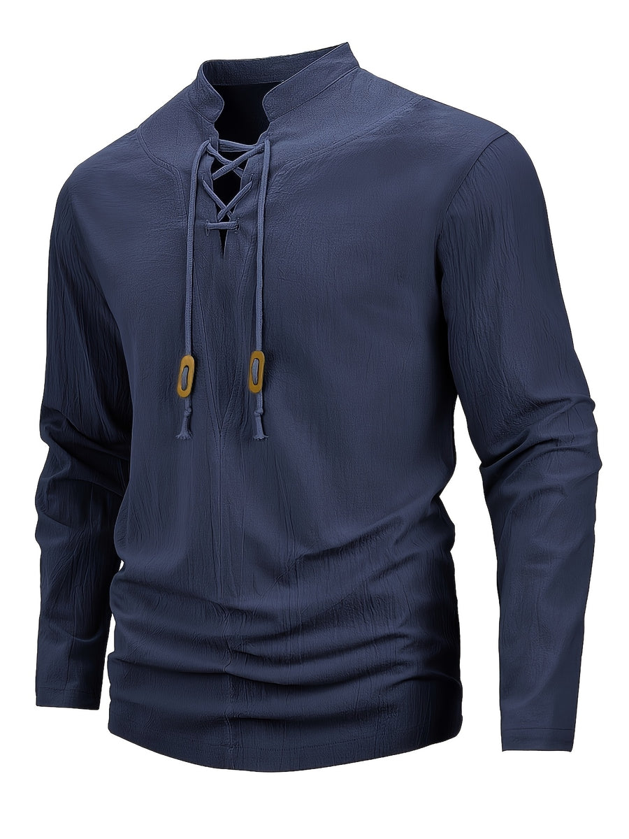 Men'S Vintage-Style Long-Sleeve Shirt with Tie Details - Medieval Style, Breathable And Machine Washable, Suitable for Spring And Summer Outdoor Activities. Men'S Vintage Tie-Front Shirt, Suitable for Renaissance, Viking, And Medieval Costumes - Navy Color