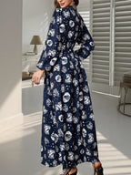 2026 Spring/Summer Women's All-Over Print Loose Fit Maxi Dress with Belt for Vacation and Loungewear - Blue