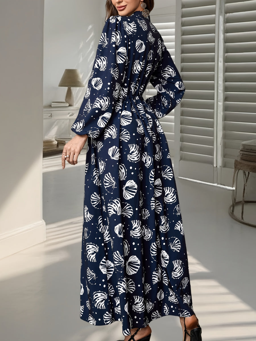 2026 Spring/Summer Women's All-Over Print Loose Fit Maxi Dress with Belt for Vacation and Loungewear - Blue