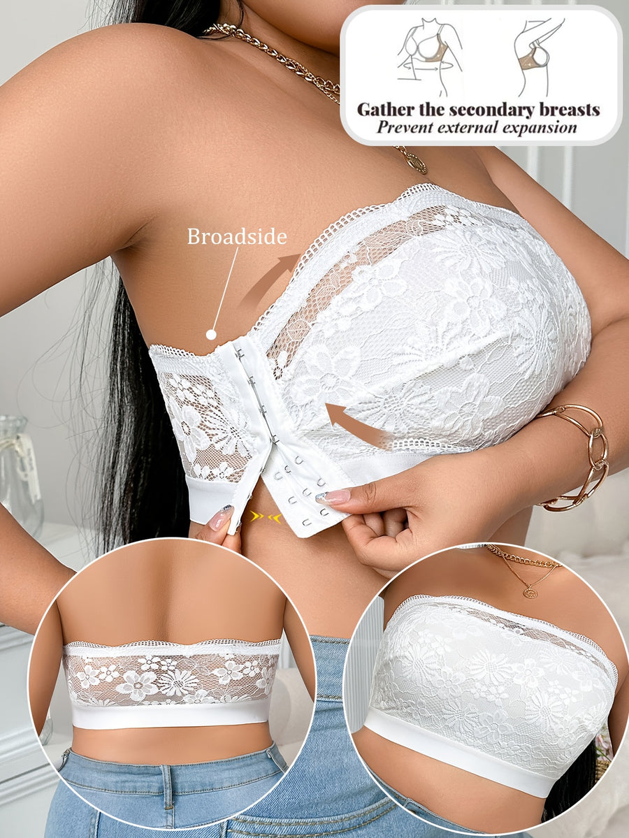 Lace-paneled Plus-size Women's Bra with Side-release Buckles, Wire-free Bralette, Casual and Comfortable, Beautiful Back Design, Thin S Style - White