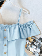 Women's Summer Casual Solid Color Off-Shoulder Ruffle Camisole Tank Top - Sky Blue