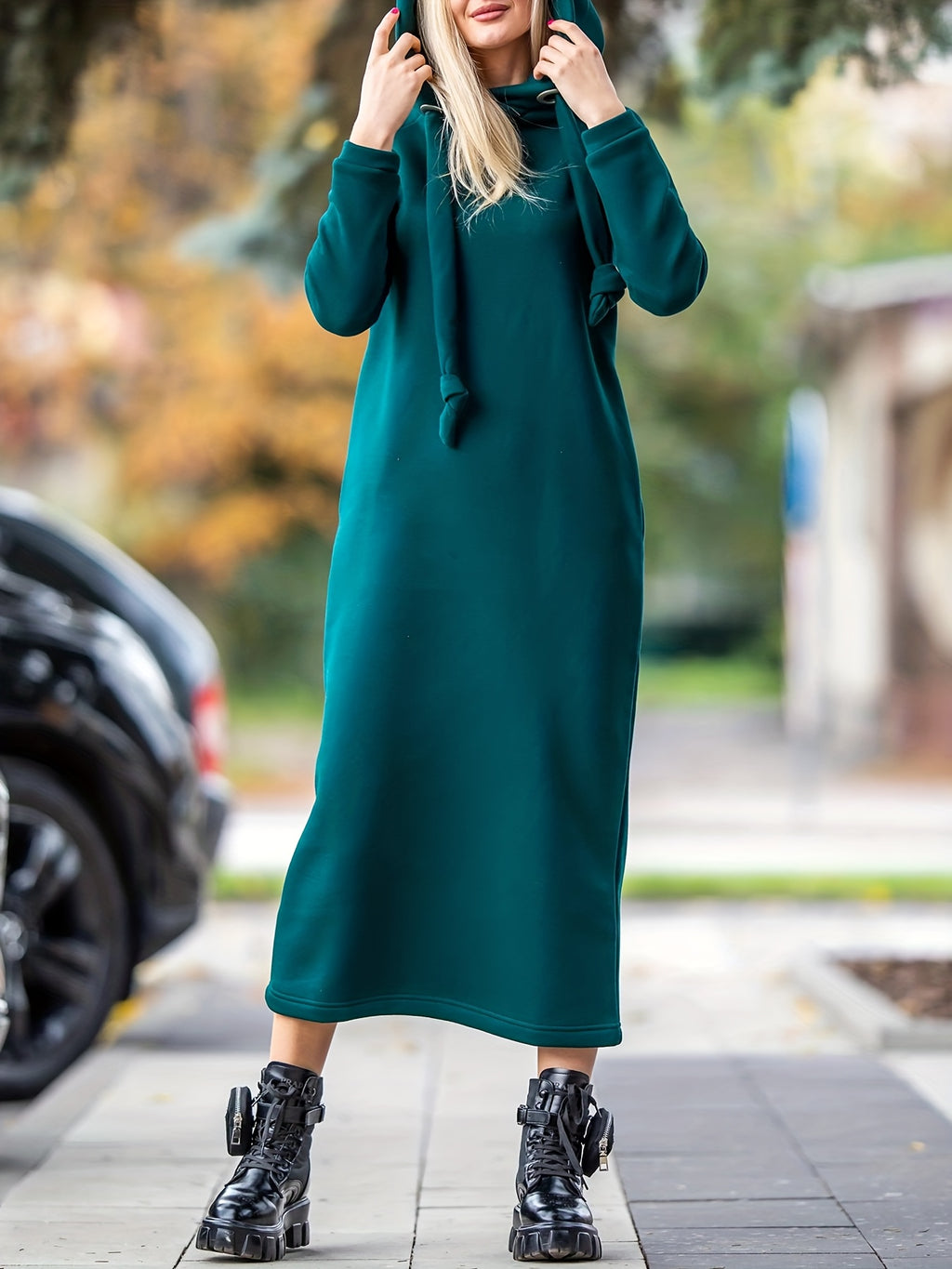 Autumn Winter New Women'S Solid Color Loose Casual Fashion Hooded Dress Warm Daily Wear Outing Side Pockets Long Dress - Dark Cyan