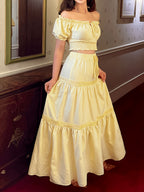 New Women's Fashionable Simple and Elegant Casual Daily Outfit, Suitable for Outings, Solid Color Off-the-Shoulder Short Sleeve Top with Bow Tie Lacing and Flared Hem Skirt 2pcs Set - Yellow