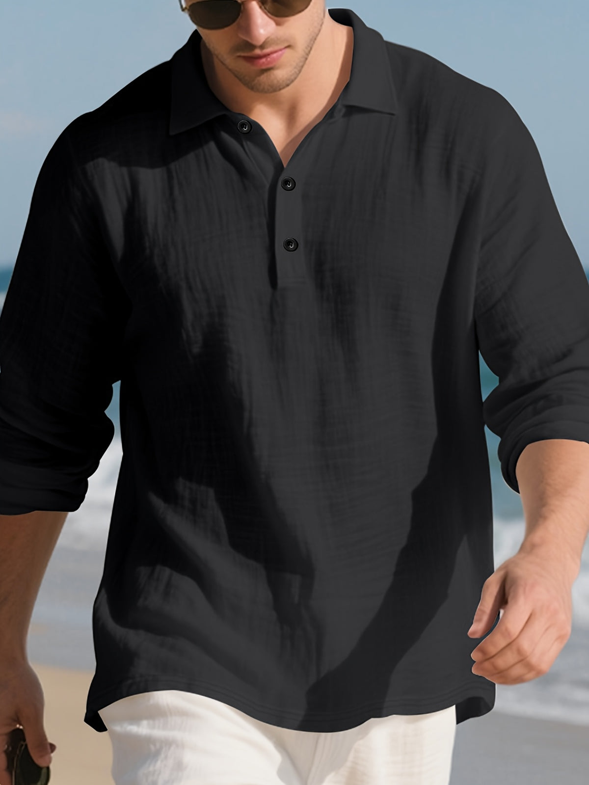 100% Pure Cotton Casual Men's Long Sleeve Solid Color Vacation Style Polo Shirt. The Fabric Is Lightweight, Breathable, and Sweat-absorbent, Making It Suitable for Home Wear, Outings, Travel, Vacations, and Golf Activities - Black