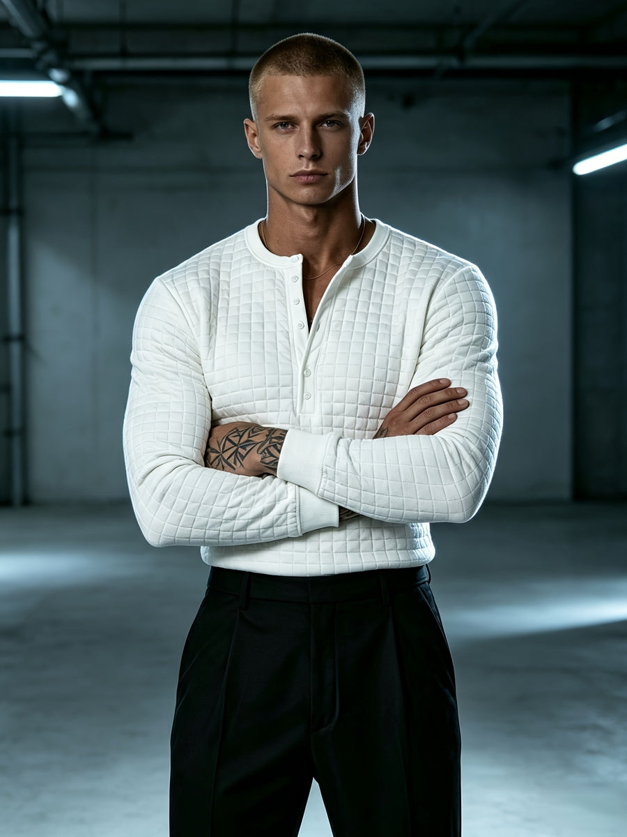 Autumn New Men'S White Checkered Henley Long Sleeve T-Shirt, Henley Collar Textured Top, Easy Rugged Slim Fit, Salon Gathering Casual Wear, Easy Fashion, Men'S Half-Open Long Sleeve - White