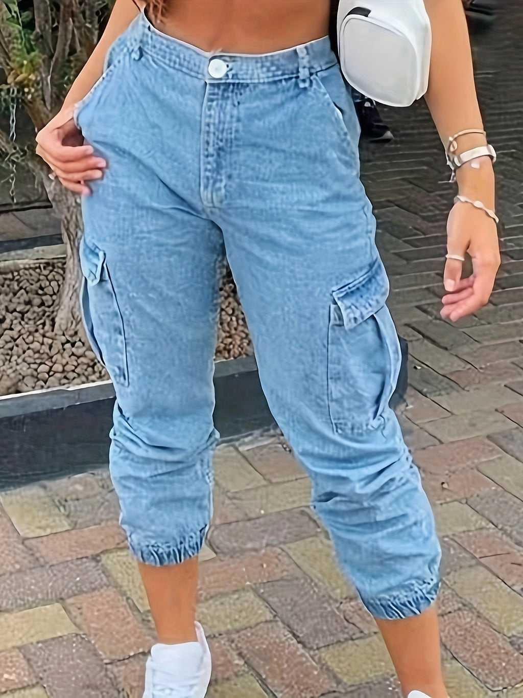 Women's Stretch Vintage Versatile Casual Fashionable Elegant Mid-Waist Machine Washable Durable Multi-Functional Loose Fit Multi-Pocket Cuffed Cropped Cargo Jeans Street Style - Bright Steel Blue