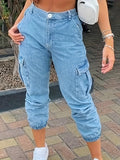Women's Stretch Vintage Versatile Casual Fashionable Elegant Mid-Waist Machine Washable Durable Multi-Functional Loose Fit Multi-Pocket Cuffed Cropped Cargo Jeans Street Style - Bright Steel Blue