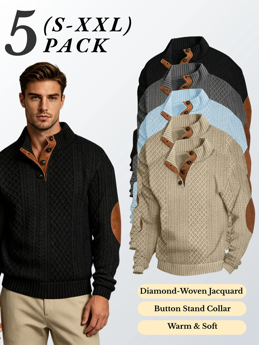 5pcs Set Men's Textured Jacquard Knit Vintage Casual Button-Up Stand Collar Long Sleeve Top, Versatile Basic Solid Color for Autumn/Winter Outings and Home Wear - Khaki 2 + Black + Dark Gray + Sky Blue
