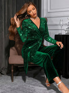 Women's Fashion Rhinestone Embellished Evening Gown - Dark Green