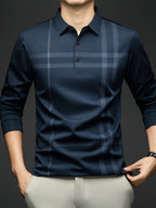 Men'S Striped Long Sleeve Shirt, Casual Commuter Versatile T-Shirt, Lapel Men'S Outdoor Athletic Wear, Easy Long Sleeve Lapel Business T-Shirt, Comfortable Breathable Middle-Aged Men'S Clothing - Dark Cyan